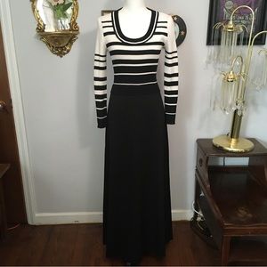 70s Vintage Giamo Knits Black White Stripe Knit Long Sleeve Maxi Sweater Dress